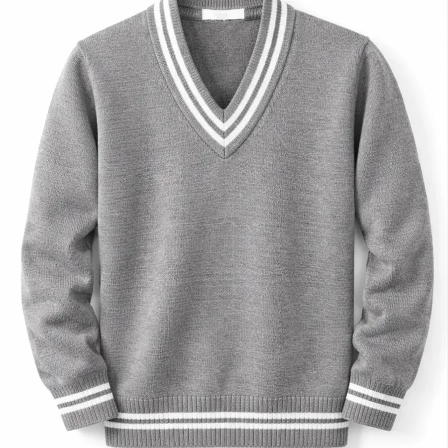 Grey V-neck school sweater with white striped collar, cuffs and hem