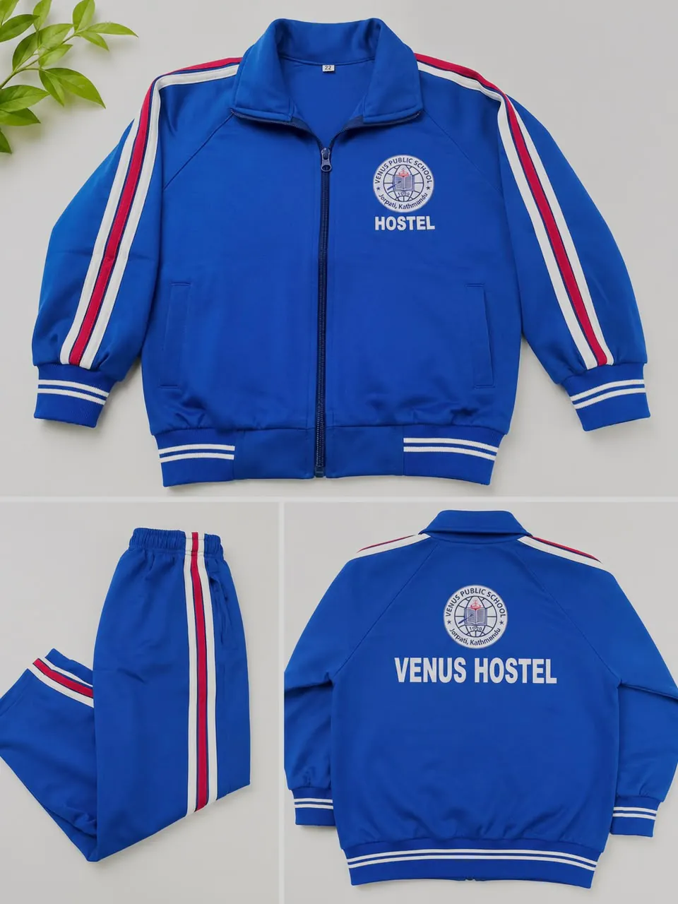 Venus Hostel blue tracksuit collage showing front and back