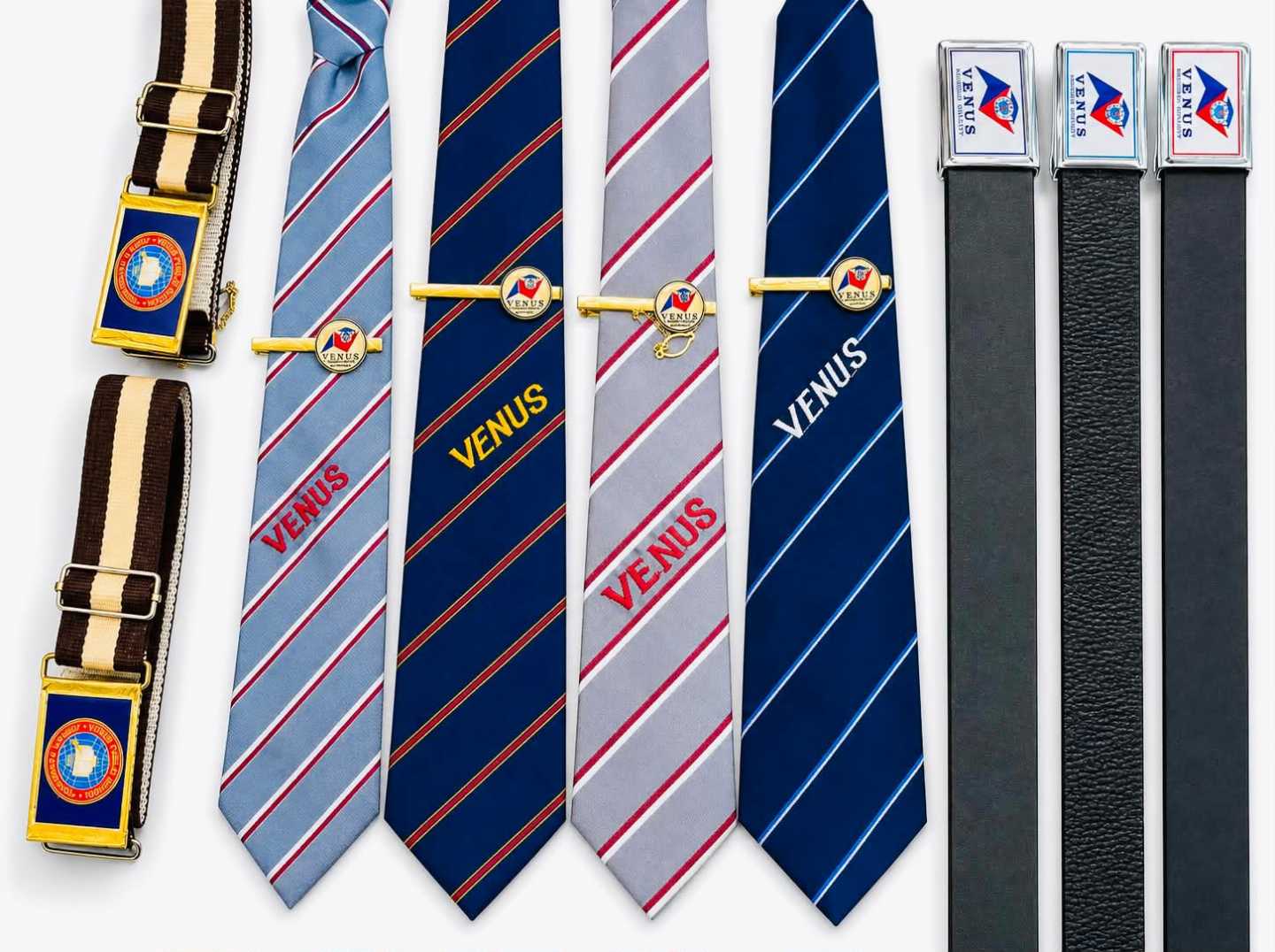 School ties, tie pins and belts arranged as product references